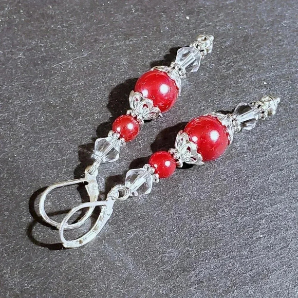 Red Glass Pearl Sterling Silver Plated Handcrafted Dangle Earrings - Picture 10 of 11